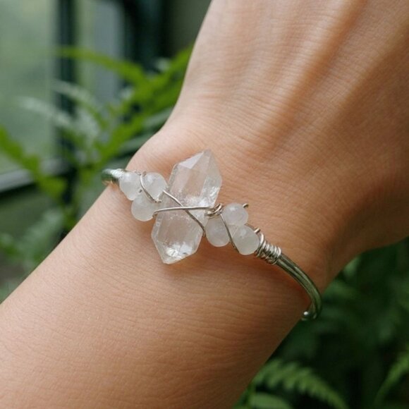 Clear Quartz & Moonstone Wire Wrap Bracelet w/ 925 Silver Over Copper – NWT - Picture 1 of 11